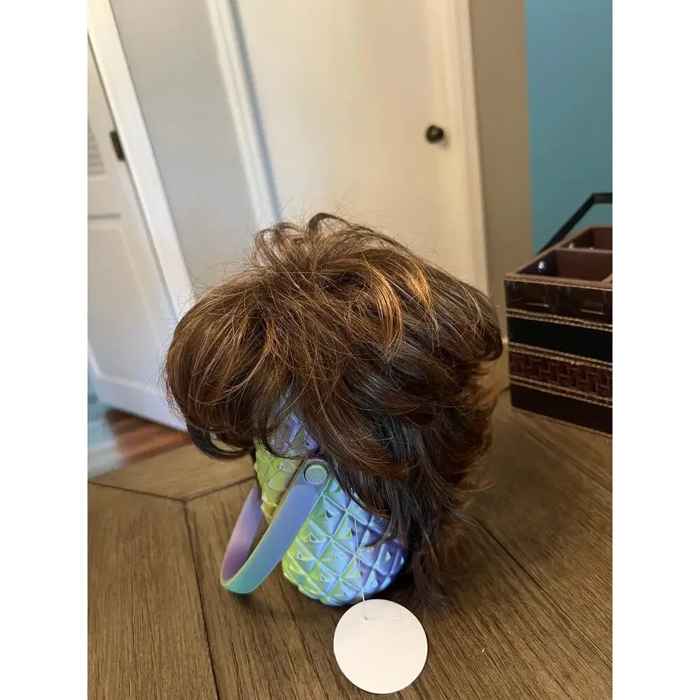 Women’s Elite Layered Short Shag Wig.  Multi Faceted Browns and Highlights.  B14